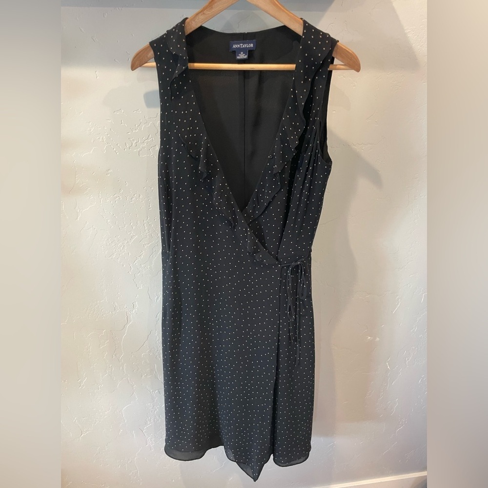 Vintage 100% silk Ann Taylor Black Polka Dot Wrap Dress size 12